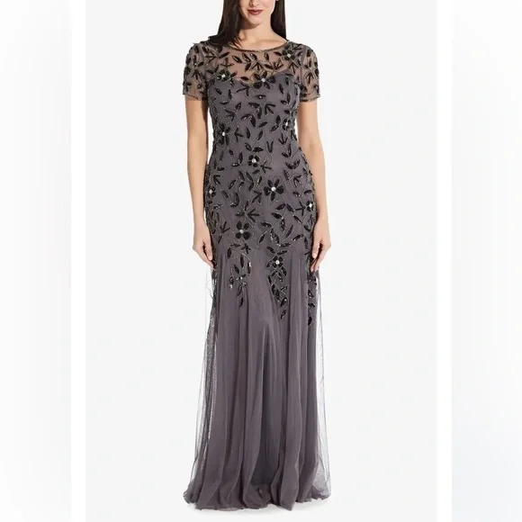 adrianna papell women's beaded mermaid long dress ADRIANNA PAPELL AP1E210884 PETITE BEADED MERMAID DOLMAN SLEEVE